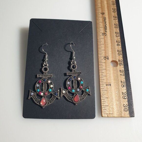 Anchor Shaped Dangle Earrings Acrylic Gems  Silver Finish Boho Chic Jewelry Boat - Picture 3 of 4